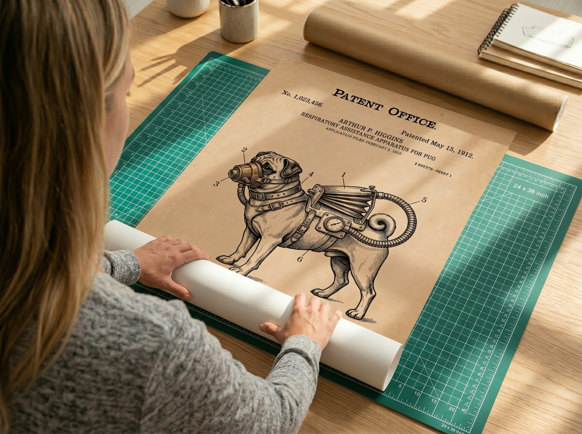 Funny patent poster of a pug wearing a vintage respiratory assistance apparatus machine