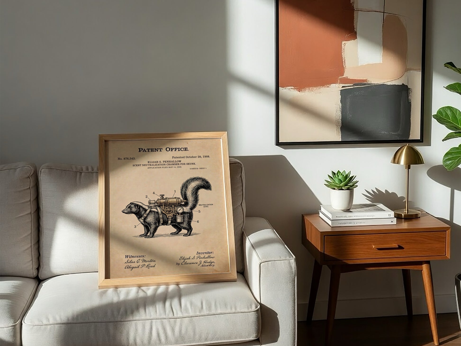Patent poster showing a skunk wearing a mechanical scent neutralization device on parchment paper.