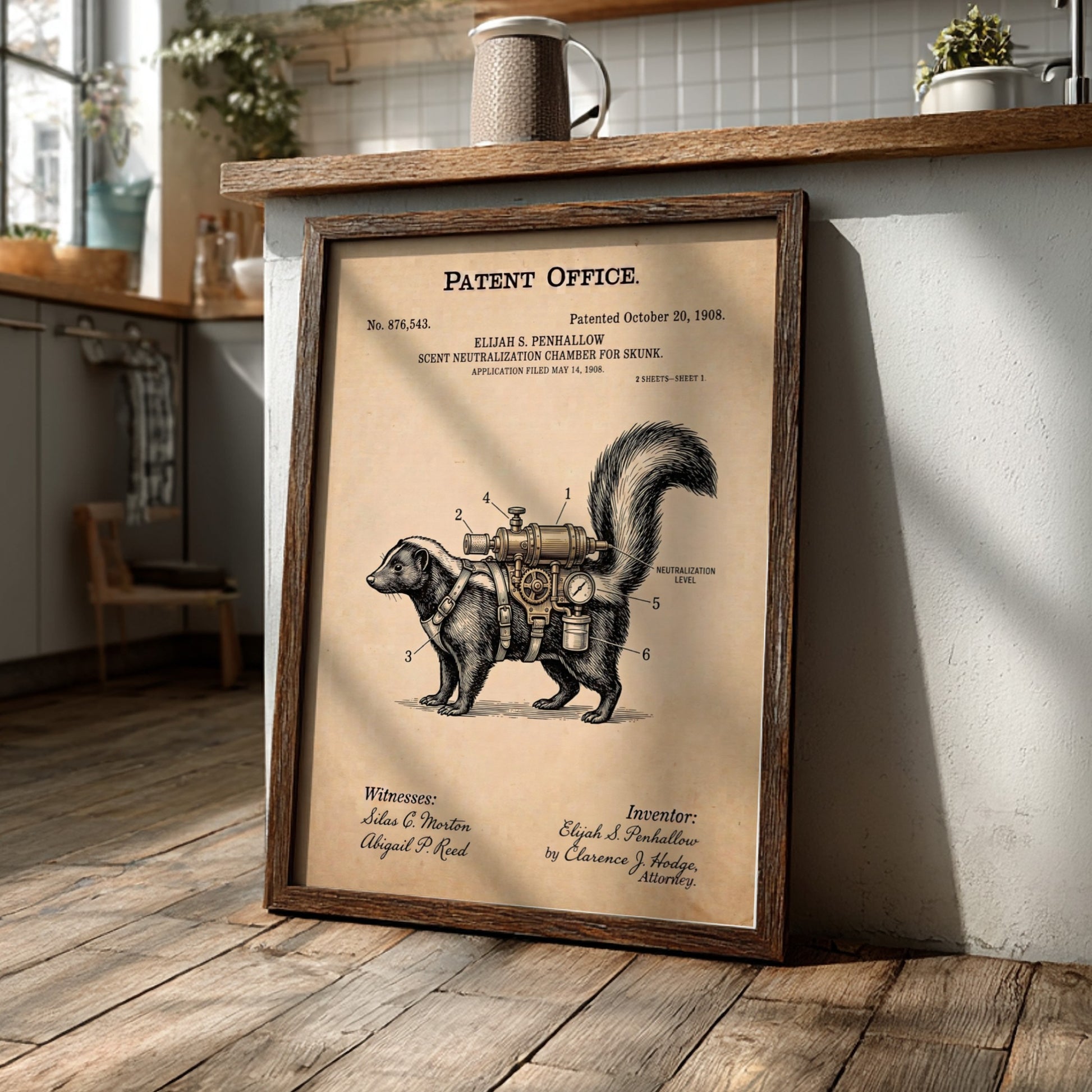Patent poster showing a skunk wearing a mechanical scent neutralization device on parchment paper.