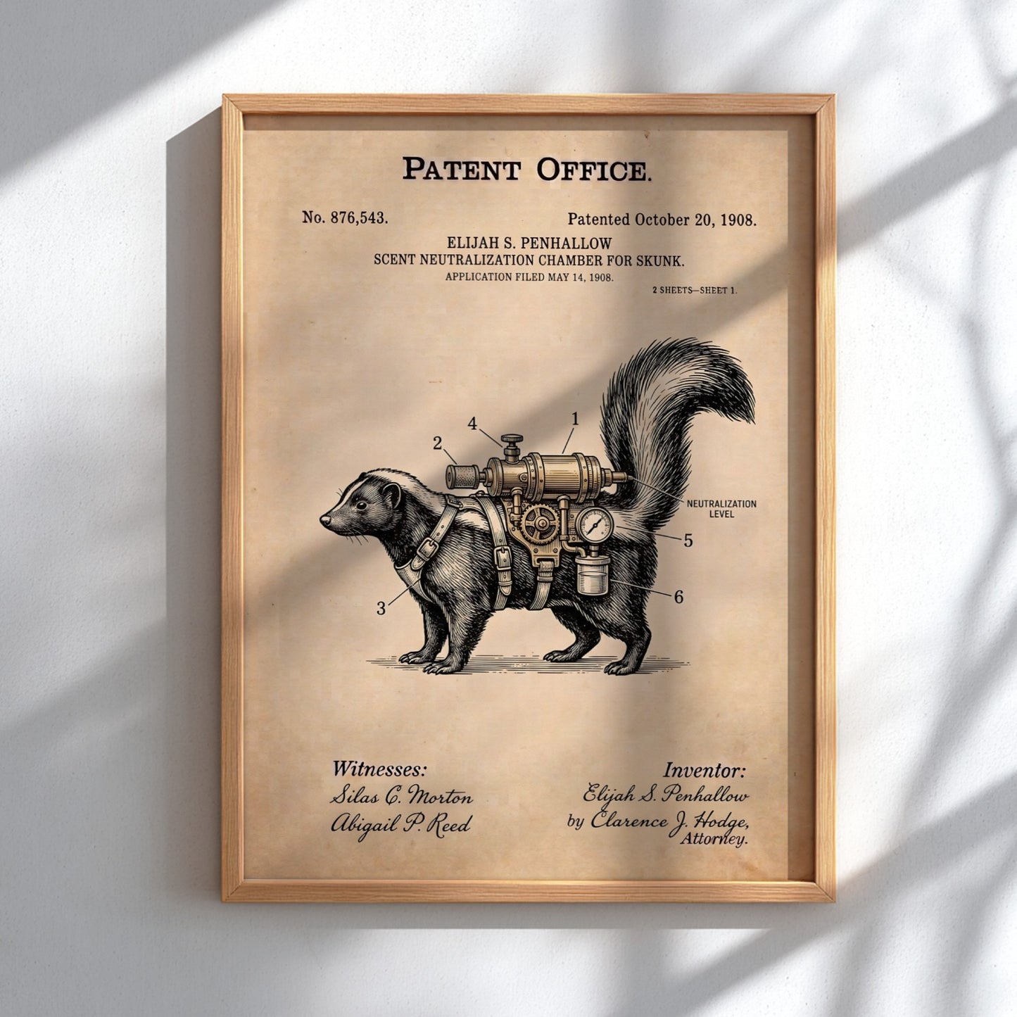 Patent poster showing a skunk wearing a mechanical scent neutralization device on parchment paper.