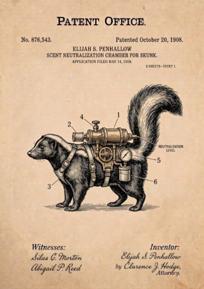 Patent poster showing a skunk wearing a mechanical scent neutralization device on parchment paper.