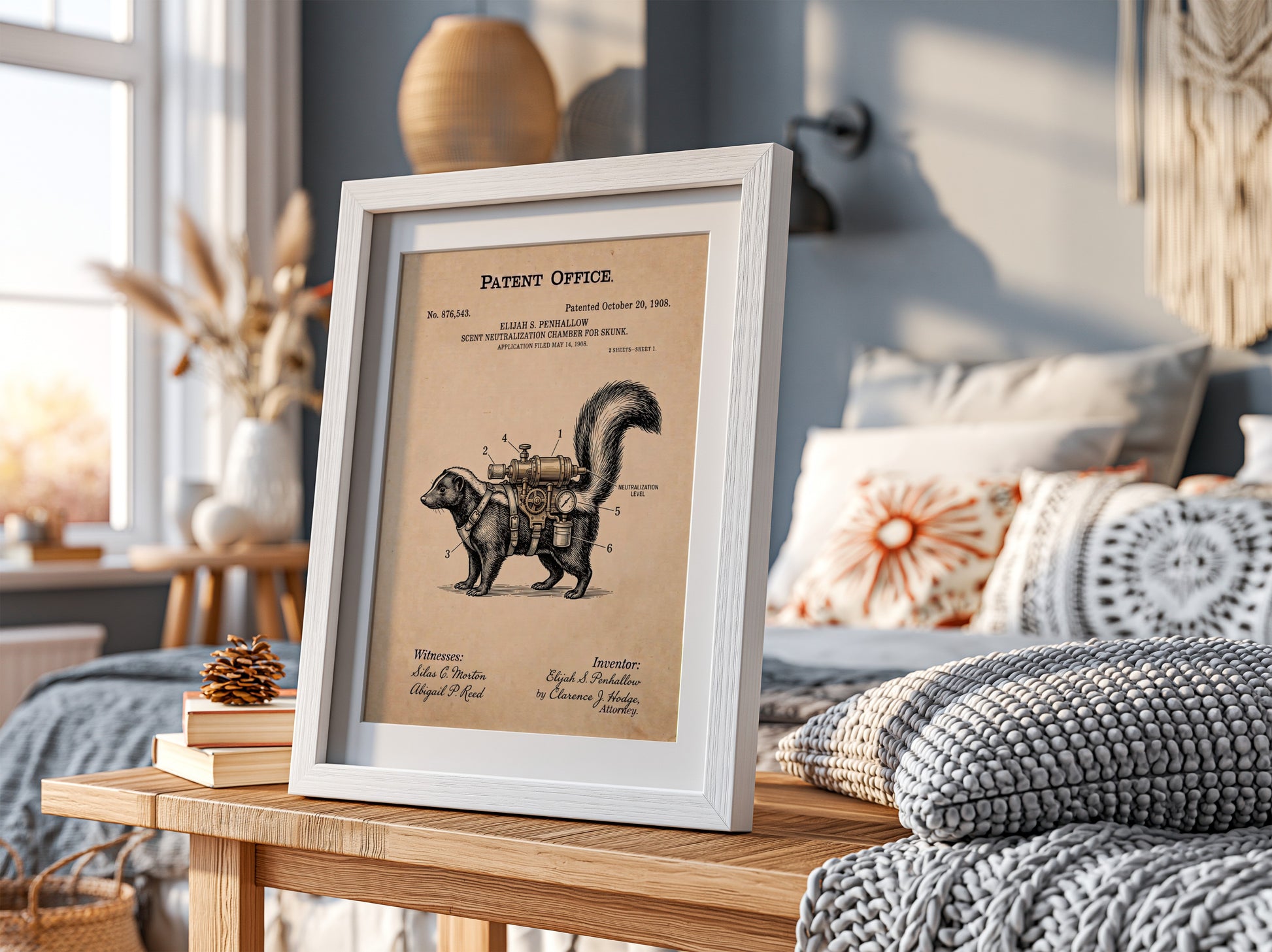 Patent poster showing a skunk wearing a mechanical scent neutralization device on parchment paper.