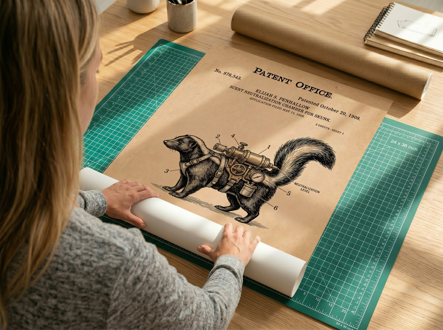 Patent poster showing a skunk wearing a mechanical scent neutralization device on parchment paper.