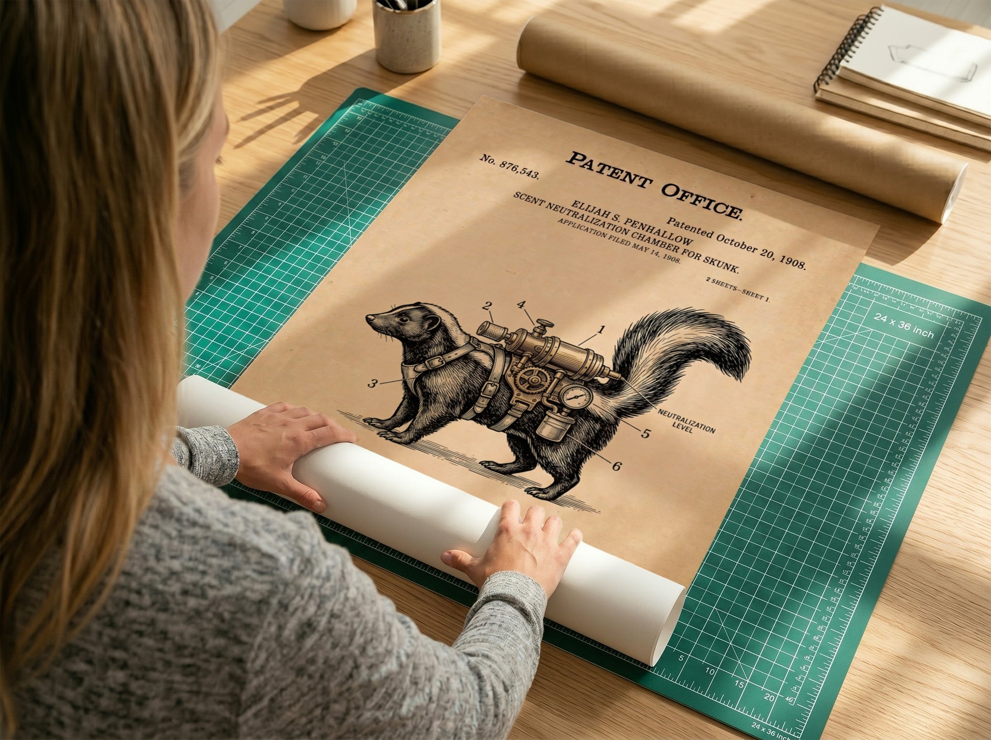 Patent poster showing a skunk wearing a mechanical scent neutralization device on parchment paper.