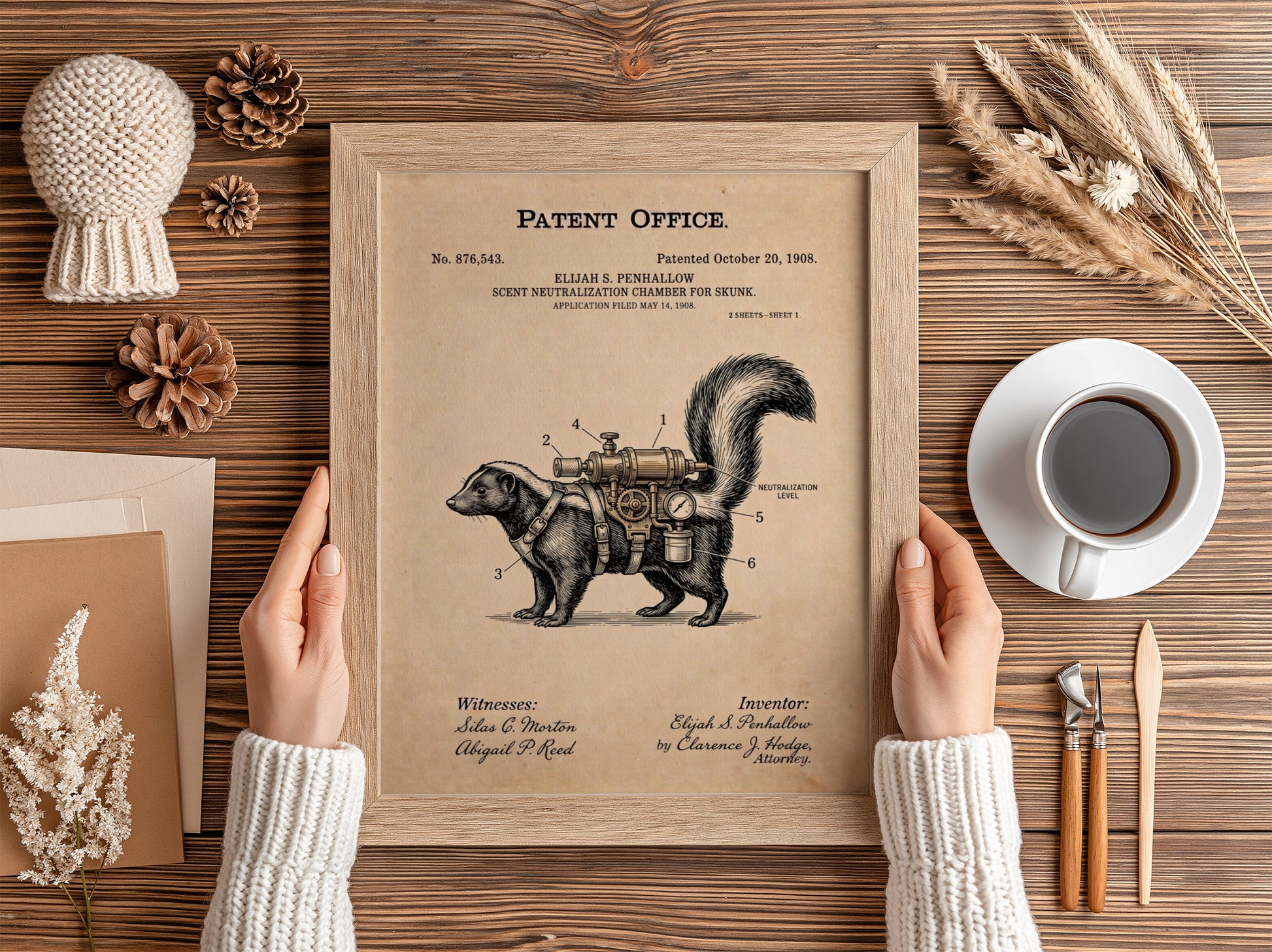 Patent poster showing a skunk wearing a mechanical scent neutralization device on parchment paper.