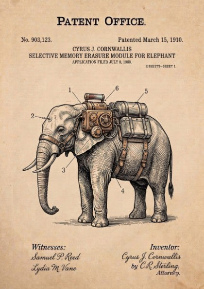 Funny patent poster featuring a vintage schematic for an elephant memory erasure module