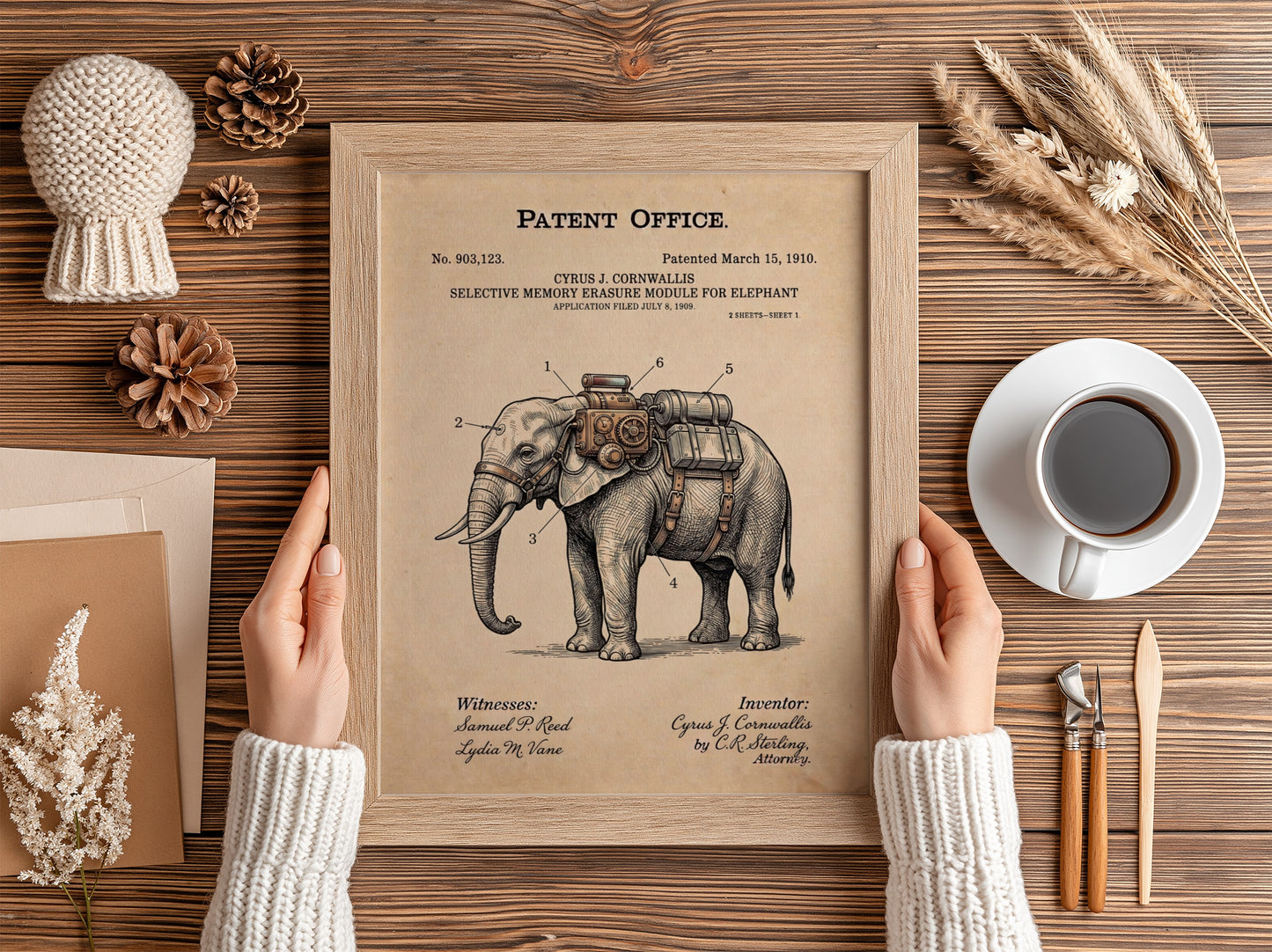 Funny patent poster featuring a vintage schematic for an elephant memory erasure module