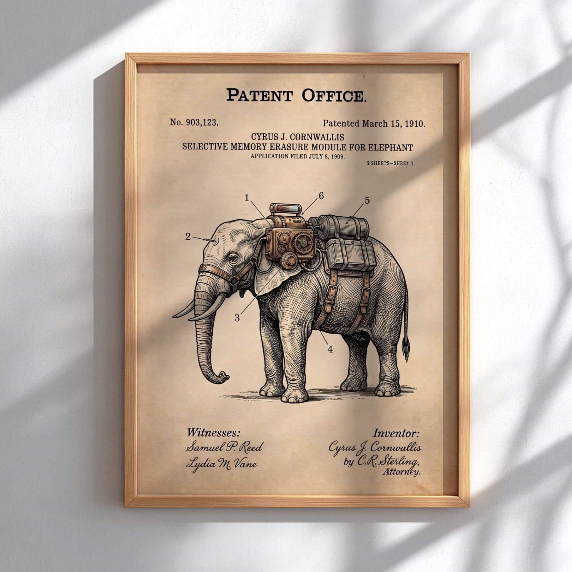 Funny patent poster featuring a vintage schematic for an elephant memory erasure module