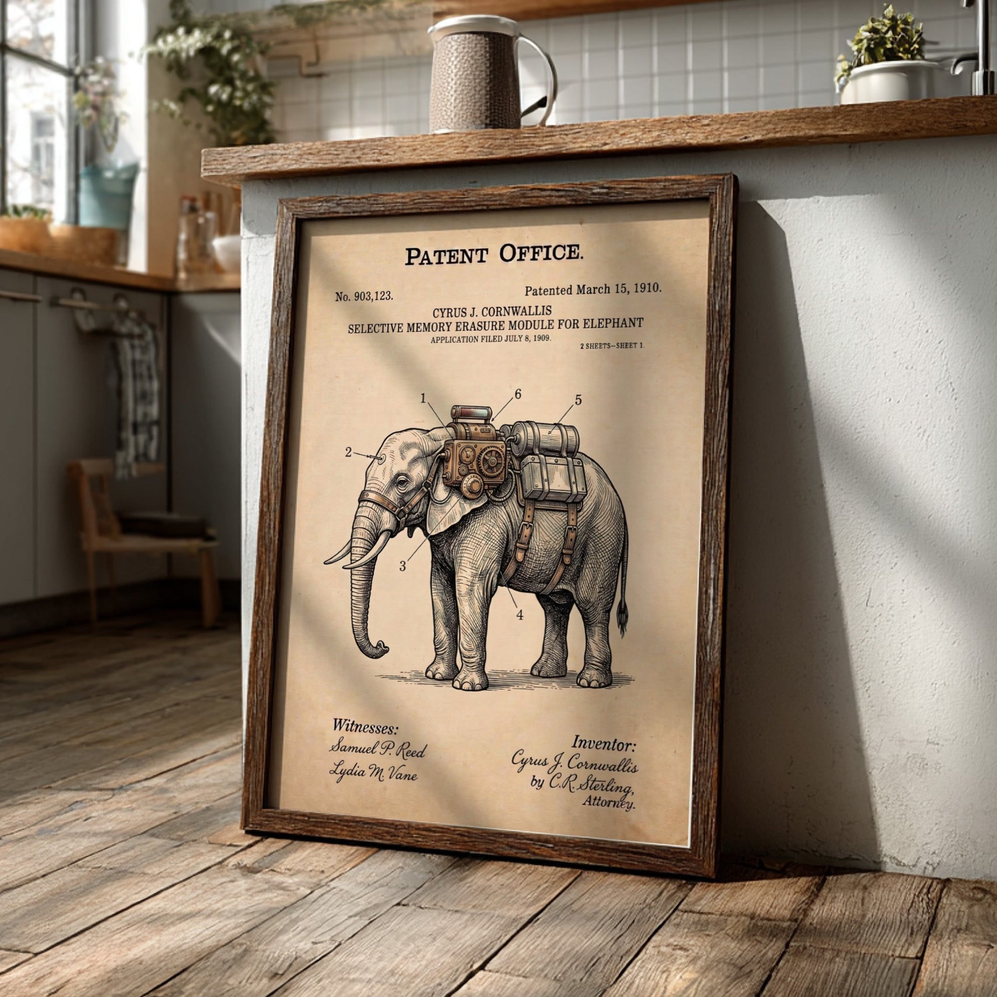 Funny patent poster featuring a vintage schematic for an elephant memory erasure module