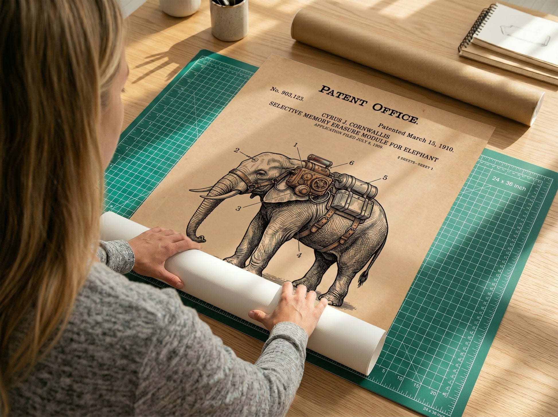 Funny patent poster featuring a vintage schematic for an elephant memory erasure module