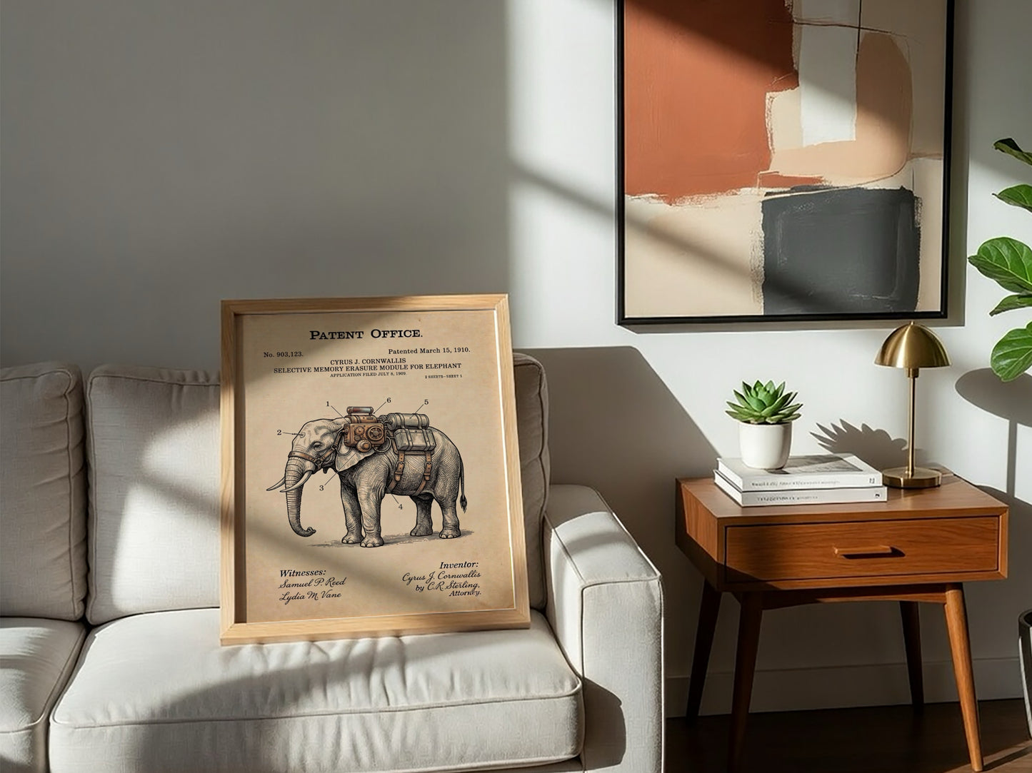 Funny patent poster featuring a vintage schematic for an elephant memory erasure module