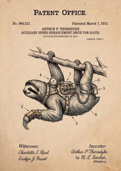 Funny animal patent poster showing a sloth wearing a mechanical speed enhancement drive harness