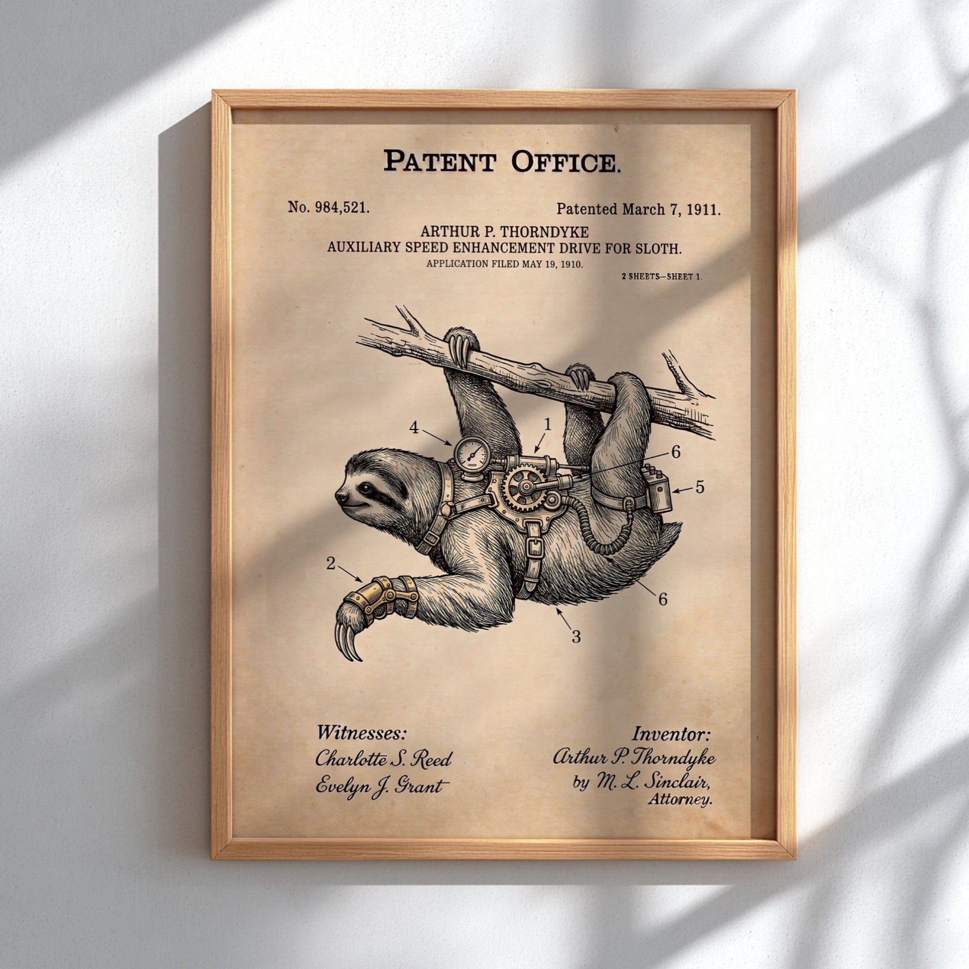 Funny animal patent poster showing a sloth wearing a mechanical speed enhancement drive harness