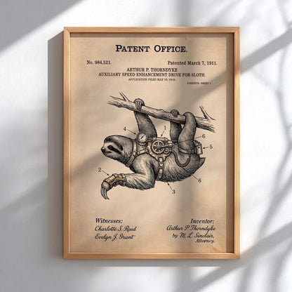 Funny animal patent poster showing a sloth wearing a mechanical speed enhancement drive harness