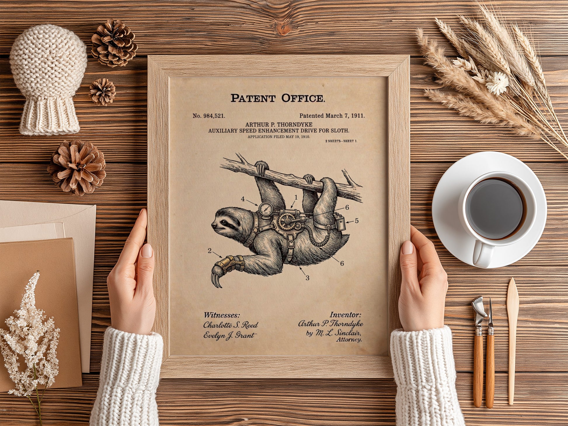 Funny animal patent poster showing a sloth wearing a mechanical speed enhancement drive harness