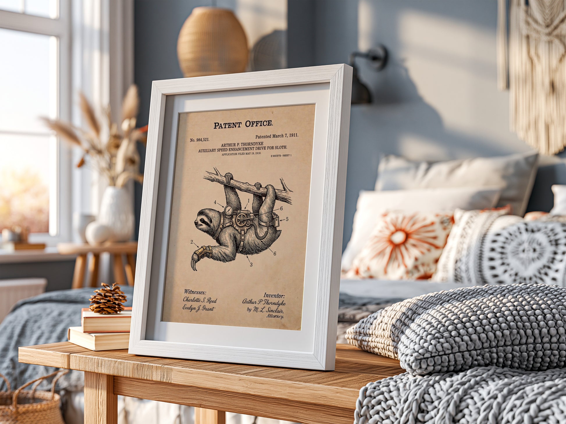 Funny animal patent poster showing a sloth wearing a mechanical speed enhancement drive harness