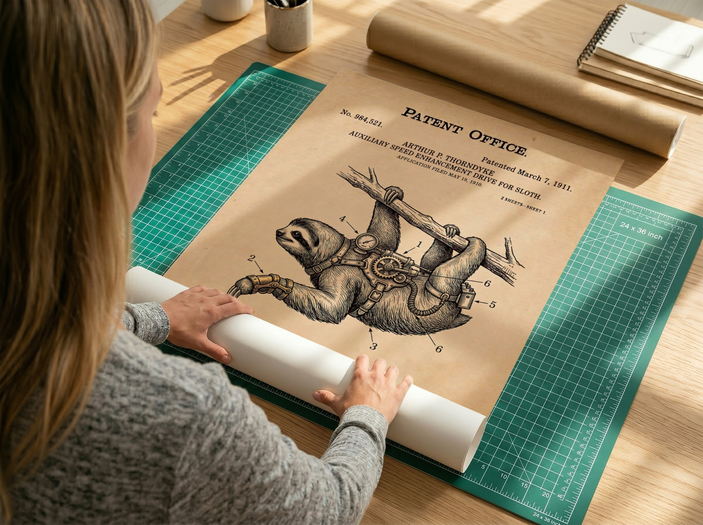 Funny animal patent poster showing a sloth wearing a mechanical speed enhancement drive harness