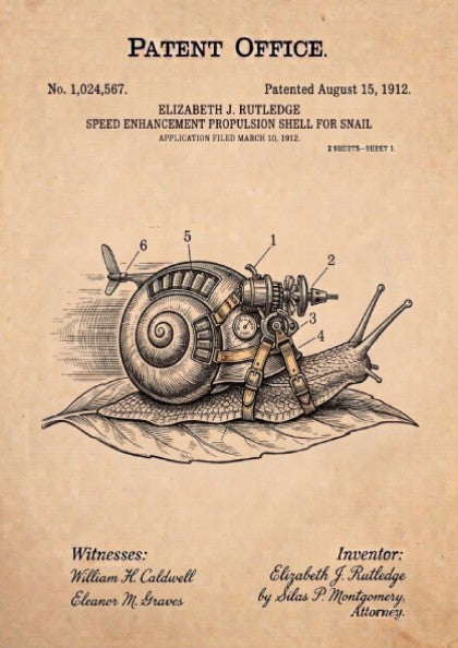 Funny patent poster featuring a snail equipped with mechanical gears and a propeller