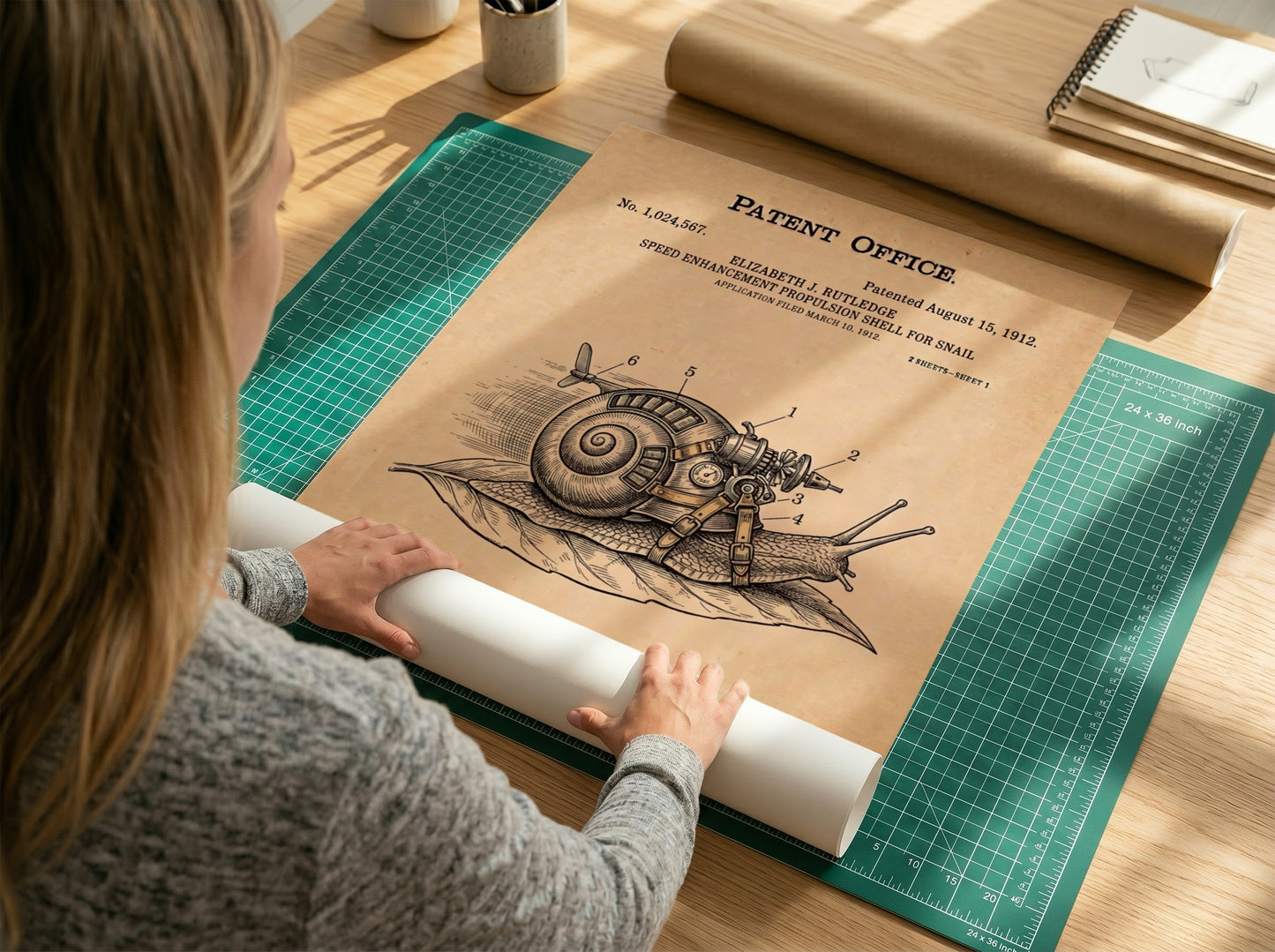 Funny patent poster featuring a snail equipped with mechanical gears and a propeller