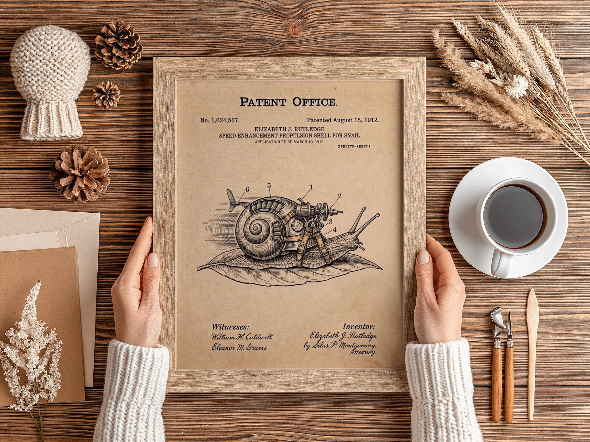 Funny patent poster featuring a snail equipped with mechanical gears and a propeller