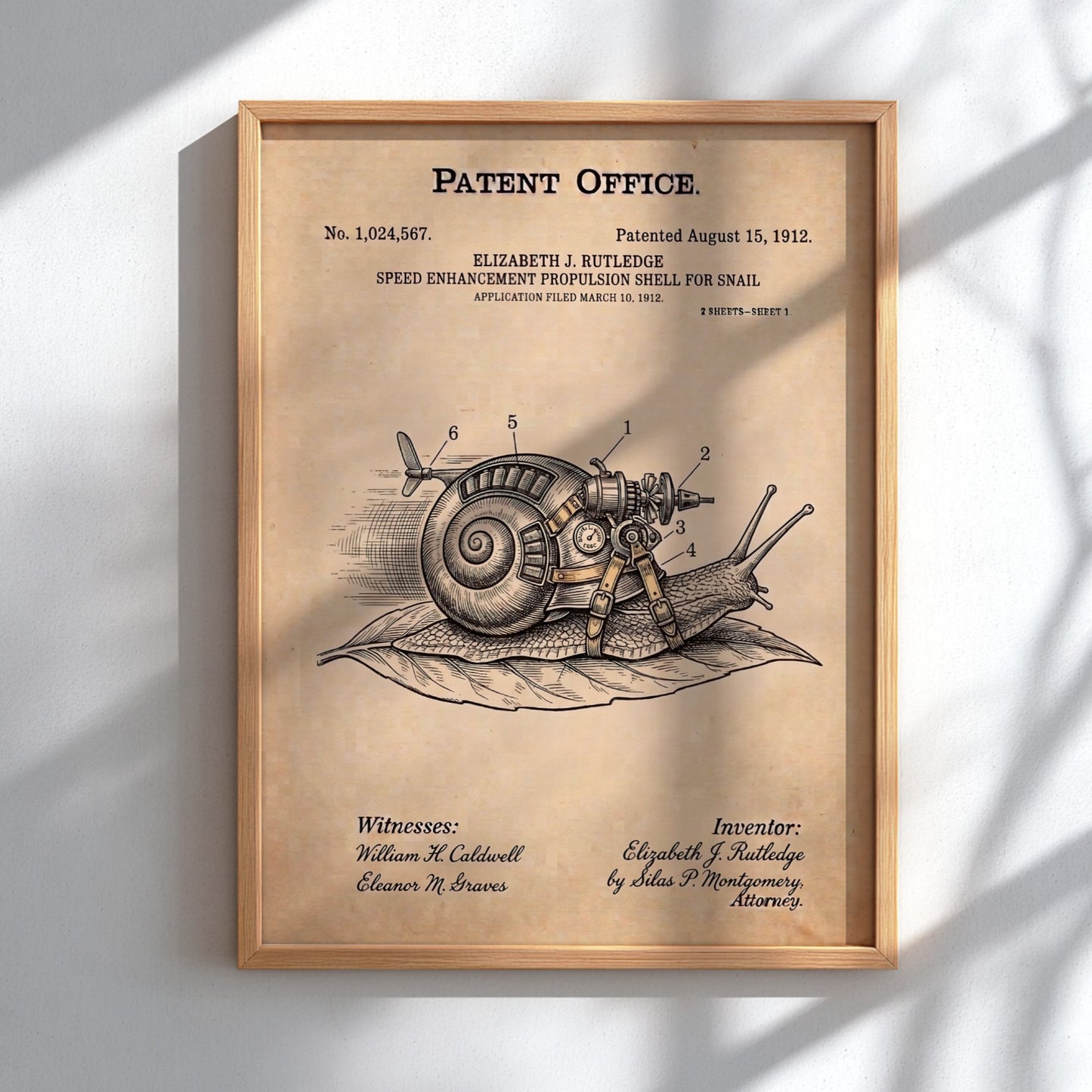Funny patent poster featuring a snail equipped with mechanical gears and a propeller