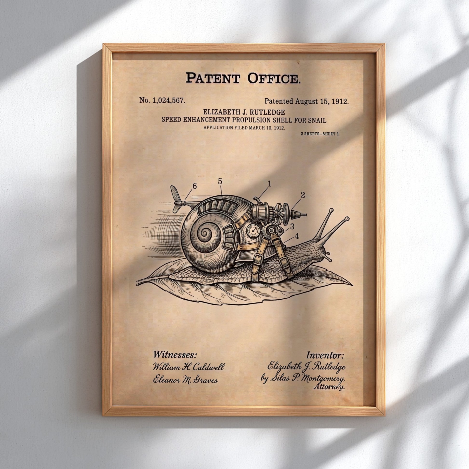 Funny patent poster featuring a snail equipped with mechanical gears and a propeller