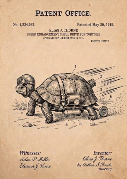 Funny patent poster of a tortoise wearing goggles with a rocket shell attachment