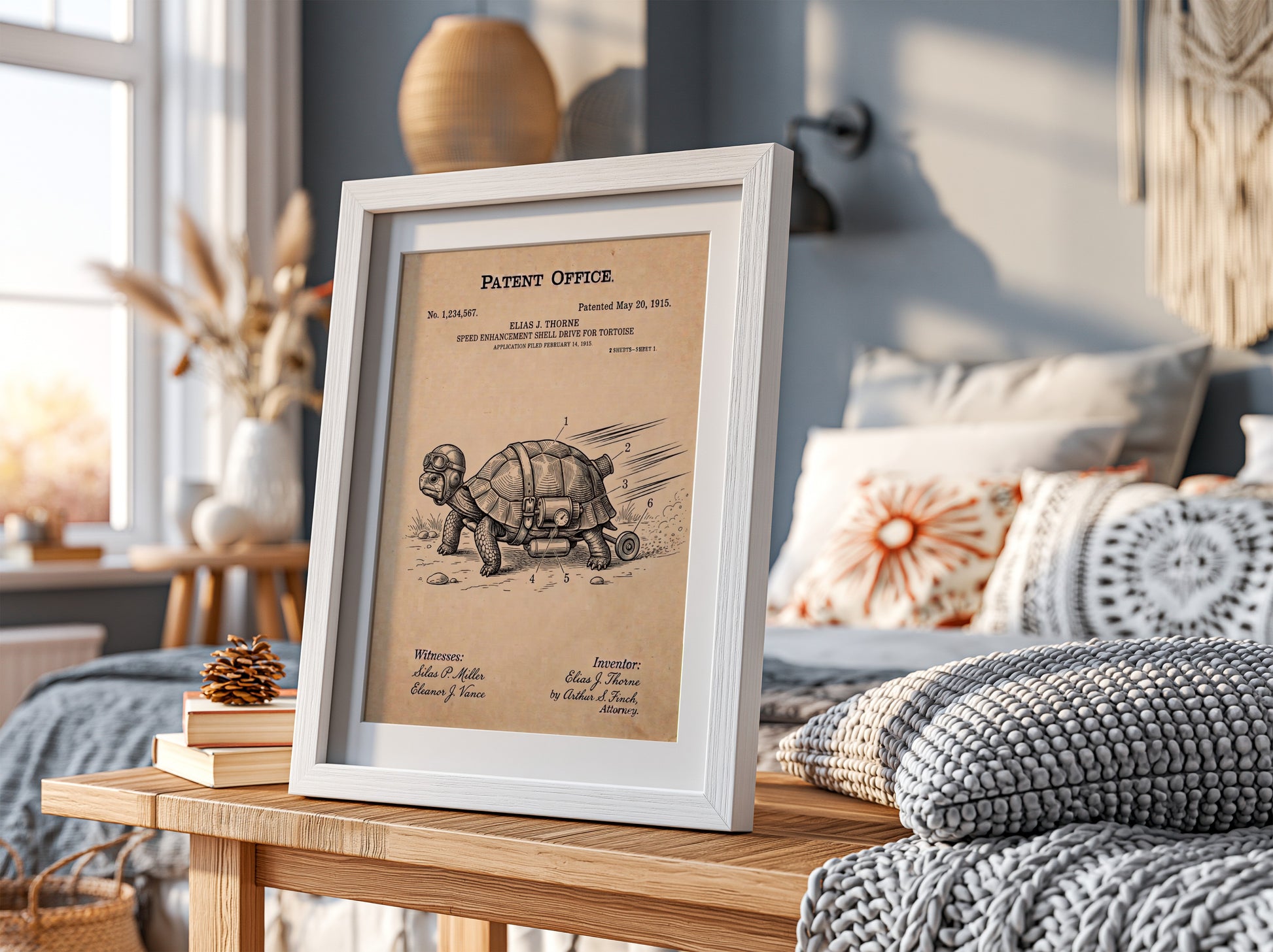 Funny patent poster of a tortoise wearing goggles with a rocket shell attachment