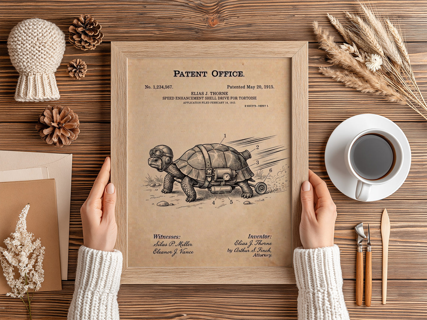 Funny patent poster of a tortoise wearing goggles with a rocket shell attachment