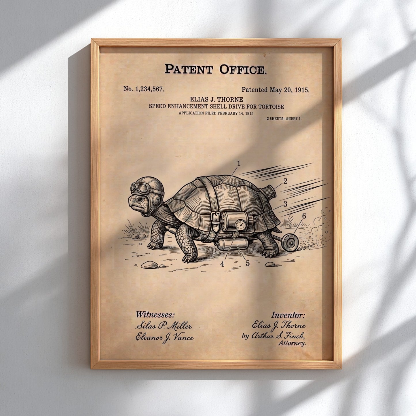 Funny patent poster of a tortoise wearing goggles with a rocket shell attachment