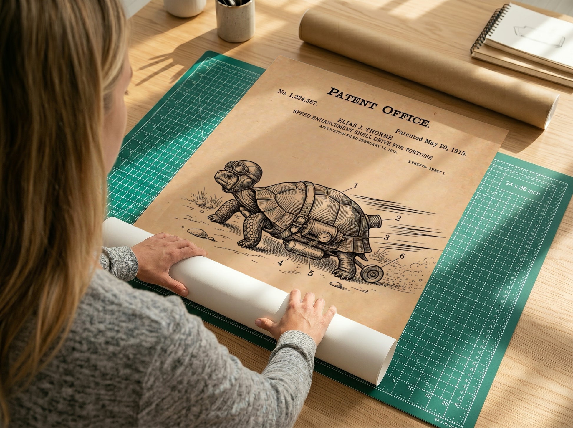Funny patent poster of a tortoise wearing goggles with a rocket shell attachment