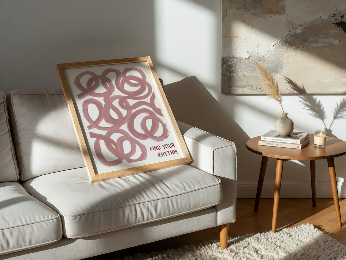 Motivational poster featuring flowing dusty rose loops and the text Find Your Rhythm