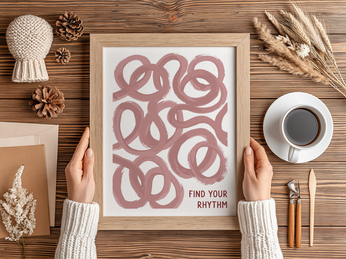 Motivational poster featuring flowing dusty rose loops and the text Find Your Rhythm