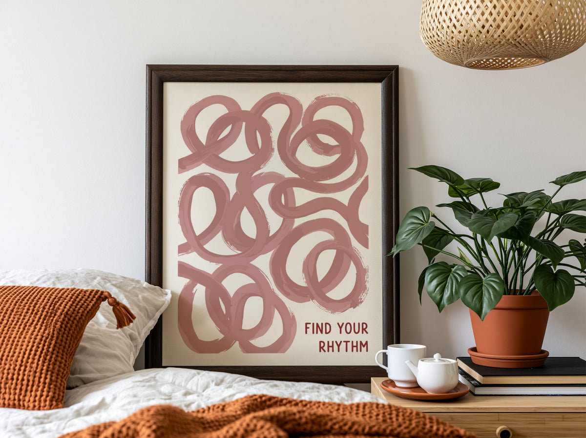 Motivational poster featuring flowing dusty rose loops and the text Find Your Rhythm