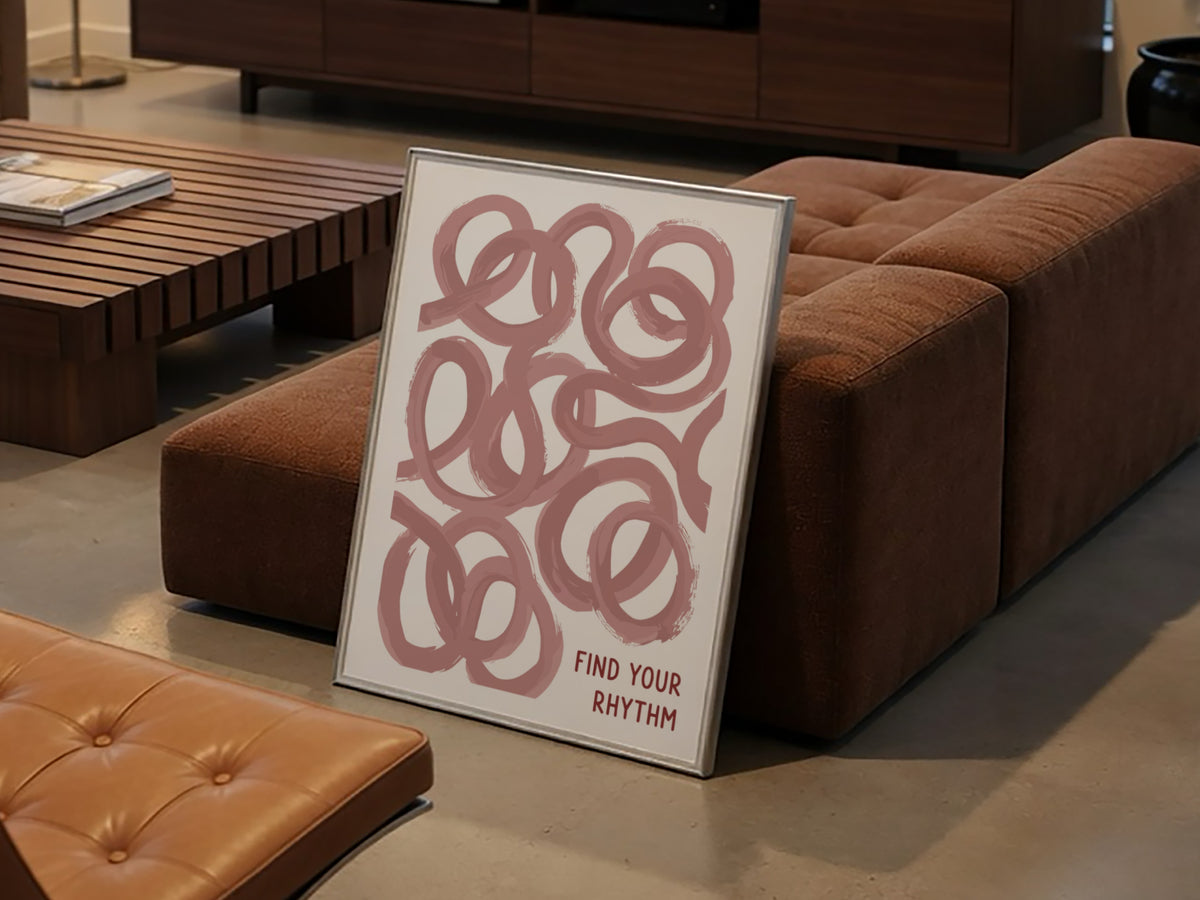 Motivational poster featuring flowing dusty rose loops and the text Find Your Rhythm