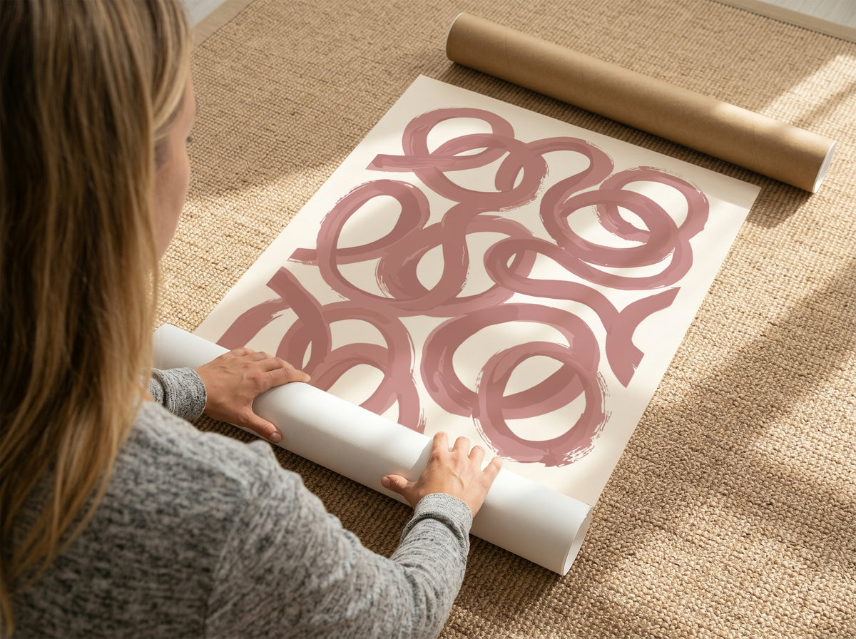 Motivational poster featuring flowing dusty rose loops and the text Find Your Rhythm
