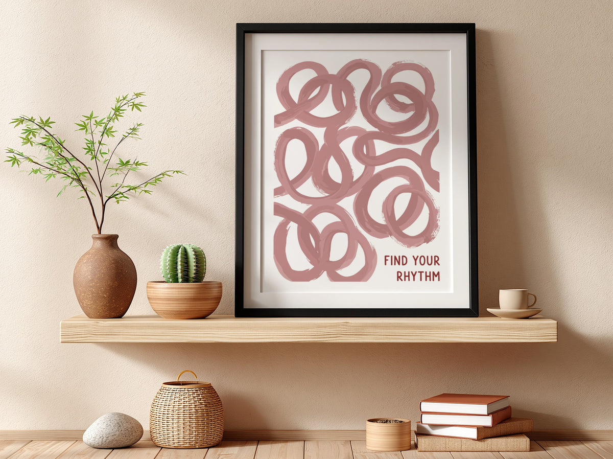 Motivational poster featuring flowing dusty rose loops and the text Find Your Rhythm
