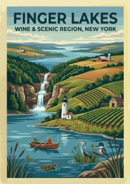 Travel poster of Finger Lakes New York featuring vineyards, a lighthouse, and waterfall.