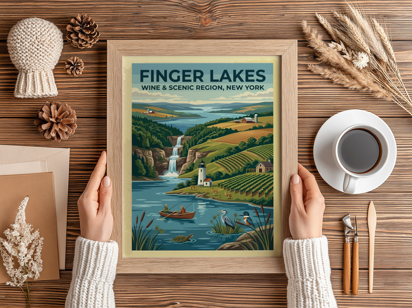 Travel poster of Finger Lakes New York featuring vineyards, a lighthouse, and waterfall.