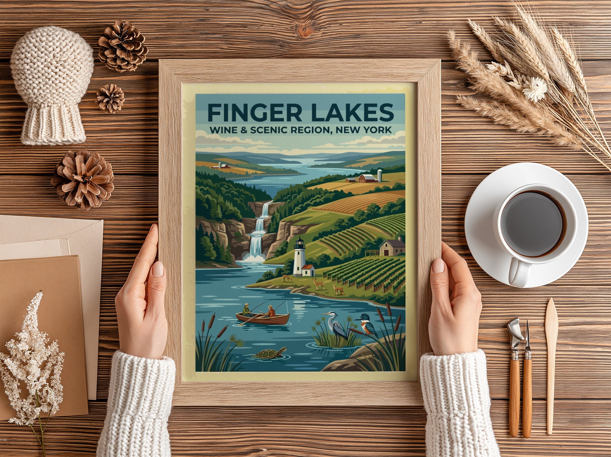Travel poster of Finger Lakes New York featuring vineyards, a lighthouse, and waterfall.
