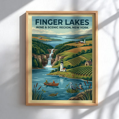Travel poster of Finger Lakes New York featuring vineyards, a lighthouse, and waterfall.