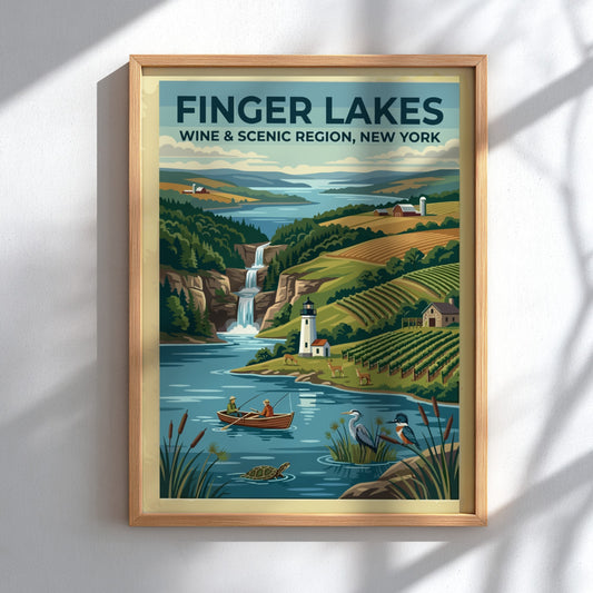 Travel poster of Finger Lakes New York featuring vineyards, a lighthouse, and waterfall.