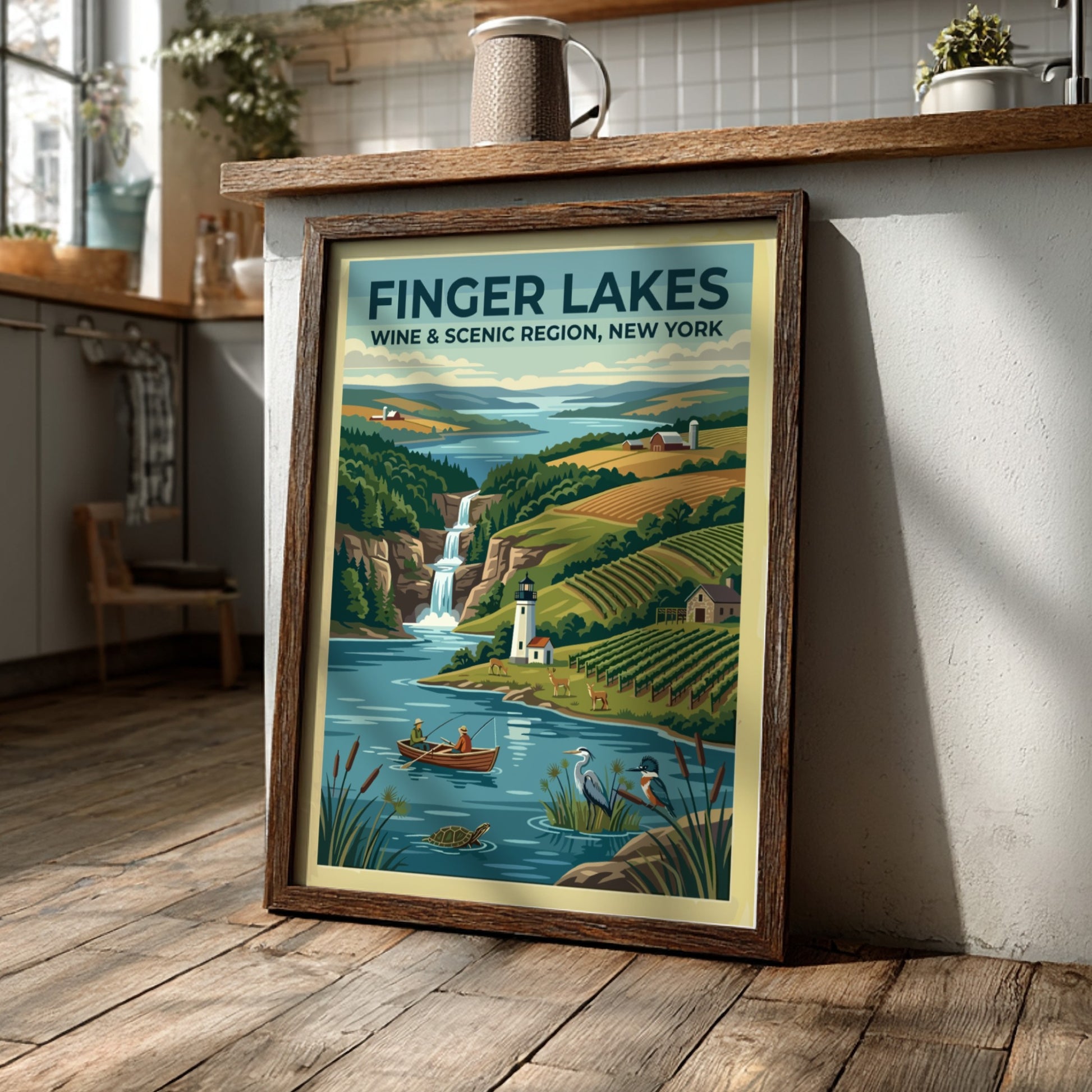 Travel poster of Finger Lakes New York featuring vineyards, a lighthouse, and waterfall.