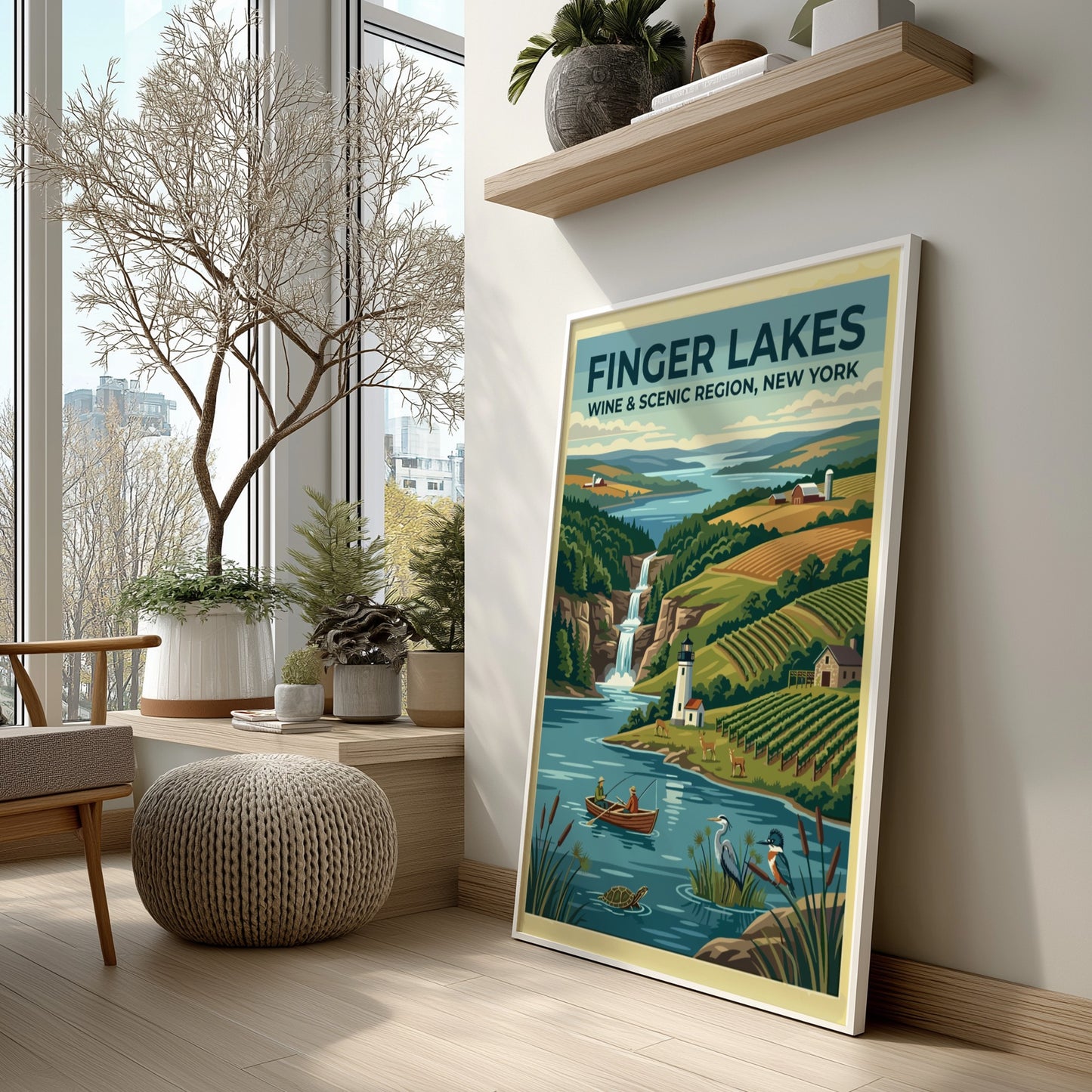 Travel poster of Finger Lakes New York featuring vineyards, a lighthouse, and waterfall.