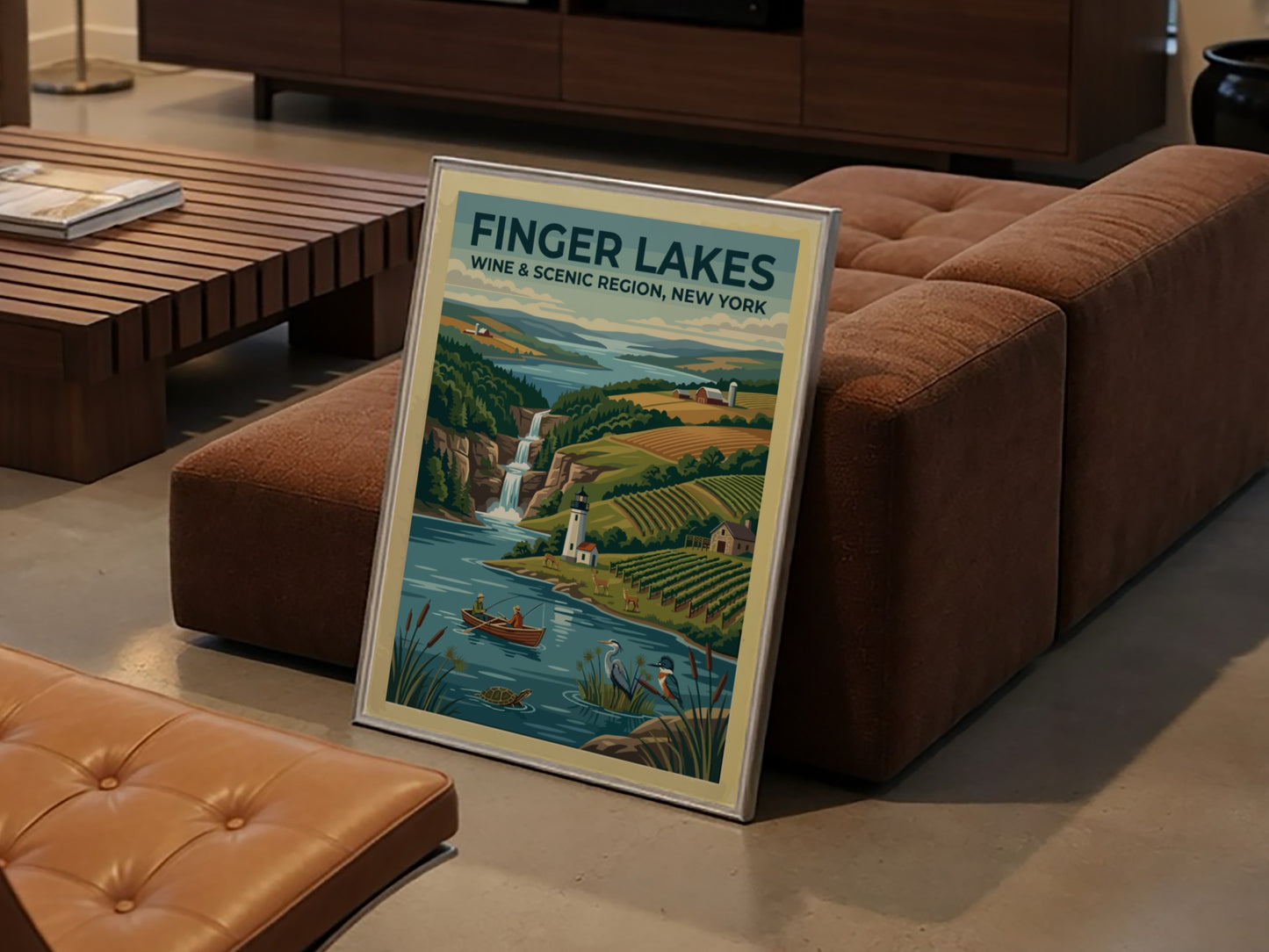 Travel poster of Finger Lakes New York featuring vineyards, a lighthouse, and waterfall.