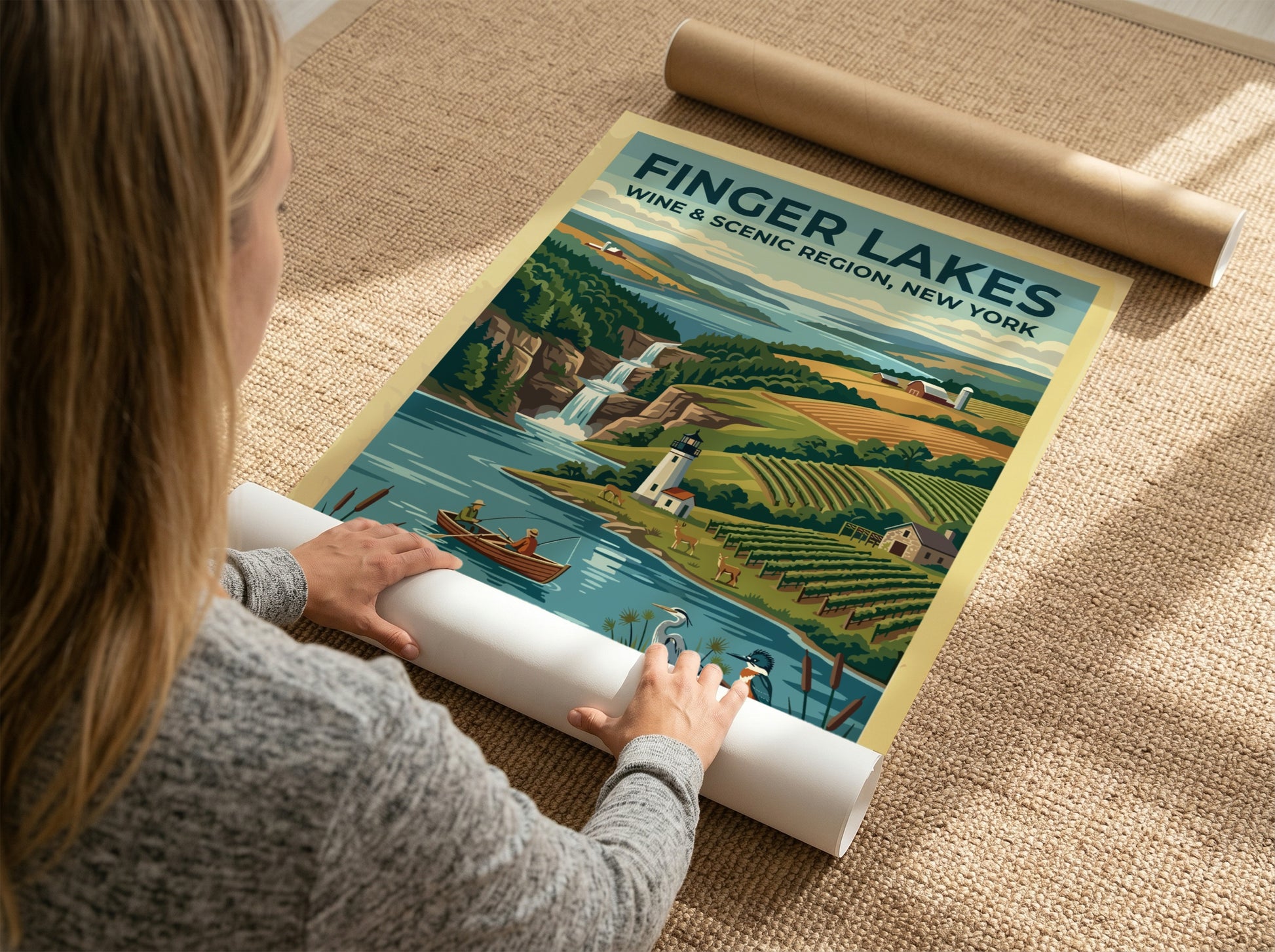 Travel poster of Finger Lakes New York featuring vineyards, a lighthouse, and waterfall.