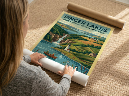 Travel poster of Finger Lakes New York featuring vineyards, a lighthouse, and waterfall.