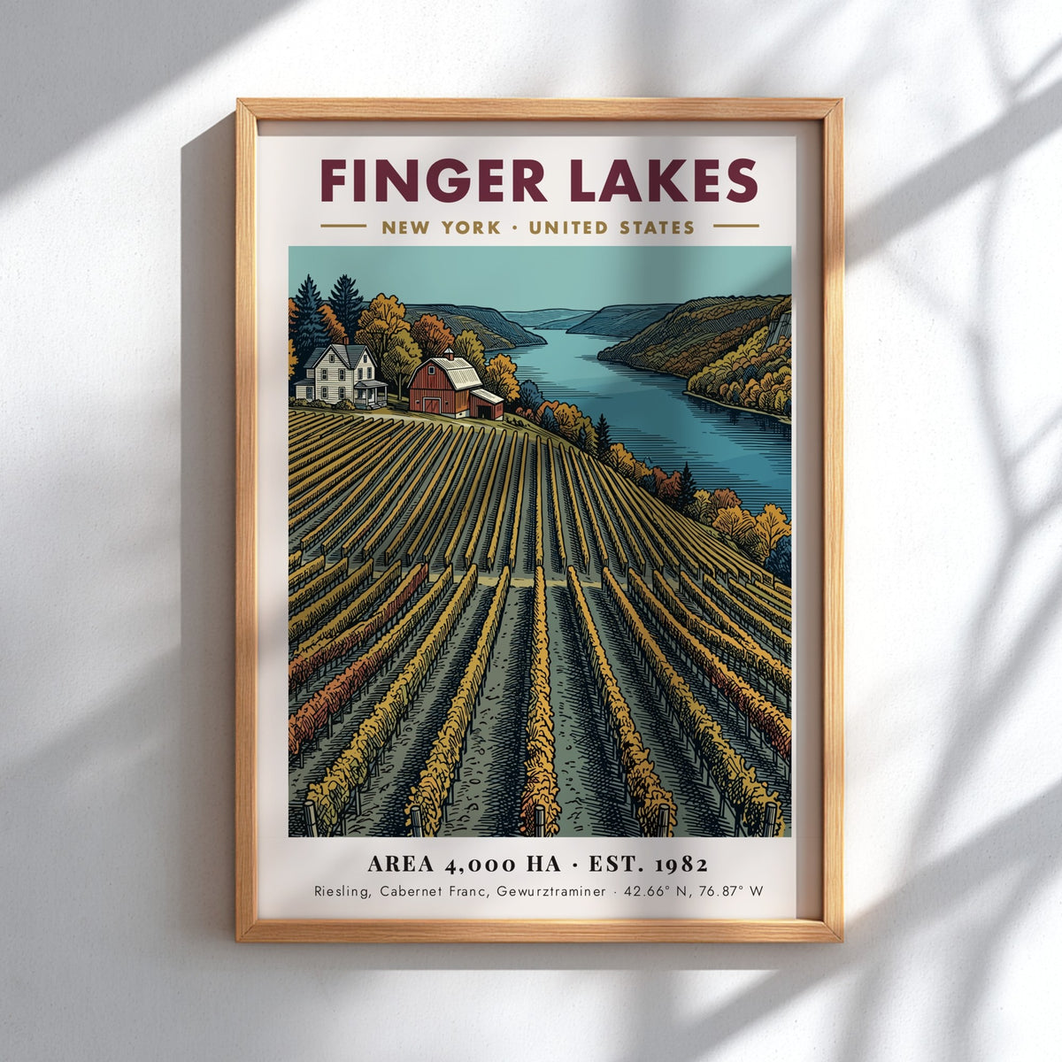 Poster of Finger Lakes vineyard in New York with rows of grapevines and farmhouse.
