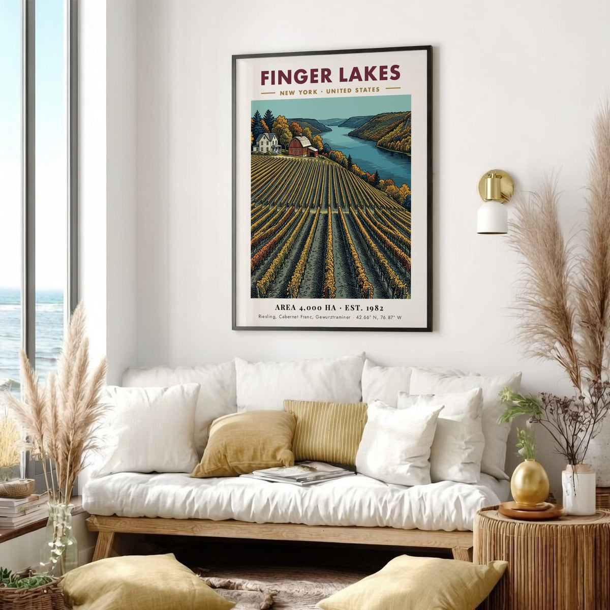 Poster of Finger Lakes vineyard in New York with rows of grapevines and farmhouse.