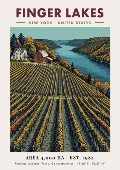 Poster of Finger Lakes vineyard in New York with rows of grapevines and farmhouse.